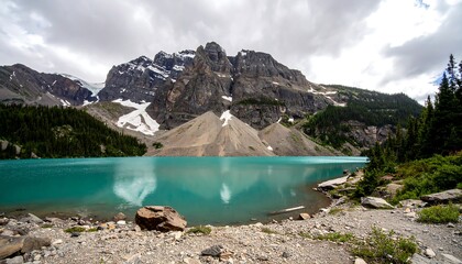 Turquoise lake reflecting dramatic mountain peaks under a cloudy sky in a Canadian wilderness.