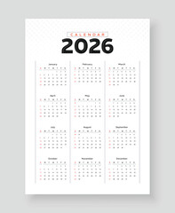 Calendar 2026, Minimalist Style Calendar, Week Starts Sunday, One Page A4 Business Design Planner Template.