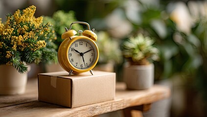 A yellow alarm clock sits on a cardboard box, surrounded by potted plants.  Sunlight filters through the window