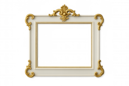 Classic white and gold frame featuring ornate details, perfect for showcasing artwork or photographs with its transparent center - Powered by Adobe
