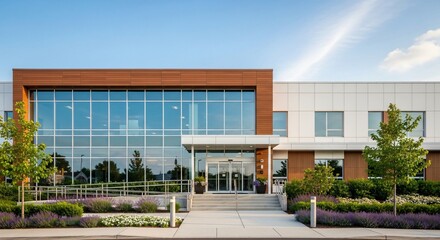 Modern architecture with beautiful landscaping and glass entrance