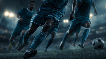 Soccer players in blue uniforms running on the field during a soccer game night