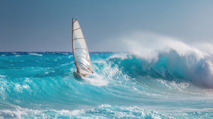 Sailboat Navigating Waves on a Sunny Day in a Tropical Ocean Setting Near the Shore