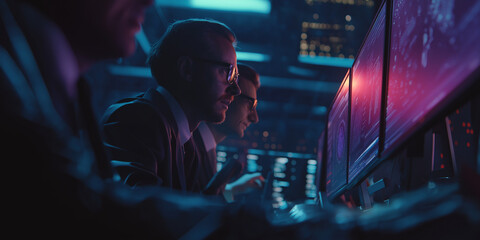 Men working at computers in a dark room with multiple screens displaying data