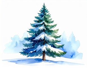 Fototapeta premium Watercolor Snowy Pine Tree Illustration in Winter Landscape Scene Artistic