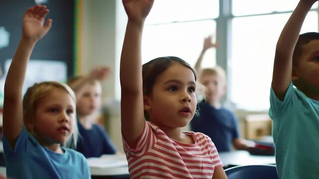 Enthusiastic students raising hands in diverse elementary school classroom, eager to answer teacher's question during active learning session