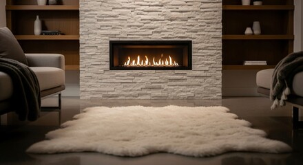 Modern fireplace burning brightly in elegant living room interior