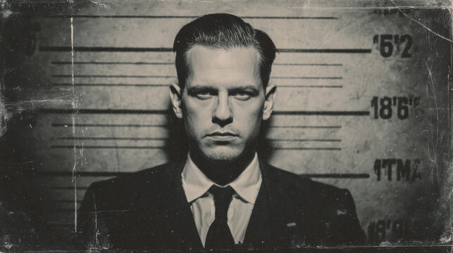 Serious man in suit stands against height chart, vintage black and white mugshot style, intense expression, dramatic lighting