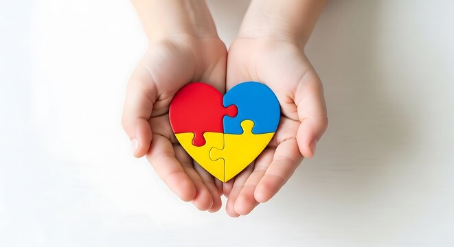 Child's Hands Holding a Heart- Shaped Puzzle with Ukrainian Flag Colors image photo - Powered by Adobe