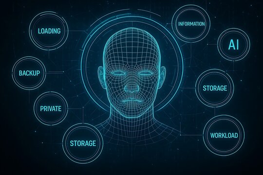 Futuristic wireframe human head with glowing blue data circles and text artificial intelligence