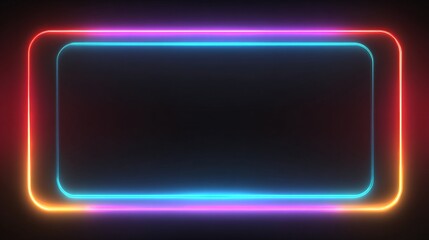 Vibrant neon rectangular frame with glowing, overlapping lines of colorful light.