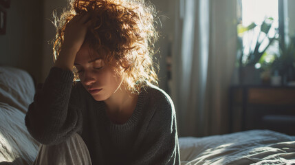 Sad woman sitting on bed with hand on head, curly hair, wearing sweater, morning sunlight through window, feeling stressed and tired
