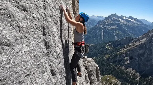 A dramatic close-up of a rock climber's chalked hands gripping a small hold on a sheer cliff face, a concept of strength and determination.