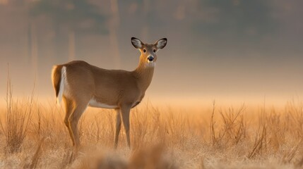 Fototapeta premium A single deer stands amidst golden grasses in a tranquil dawn scene.
