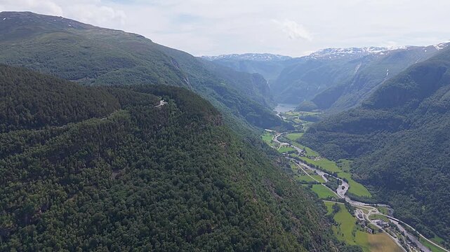  Scenic view of Aurlandsfjord from Stegastein viewpoint in Aurland, Norway