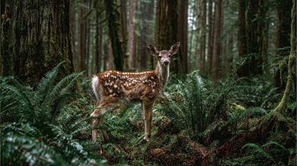 A young deer stands amidst lush ferns and moss-covered forest floor, showcasing the quiet beauty of the woods.