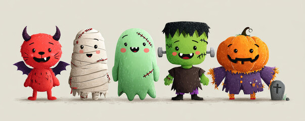 Cute devil, mummy, ghost, monster, and pumpkin characters with happy expressions, Halloween costume concept, cartoon style
