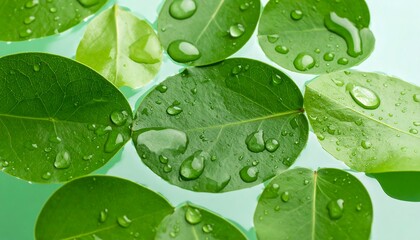 Close-up of vibrant green leaves covered with glistening water droplets, highlighting natural beauty.