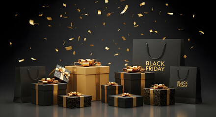 Luxury Black Friday sale background with black and gold gift boxes, shopping bags, and falling confetti