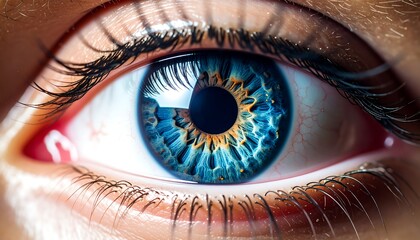 A detailed close-up of a vibrant blue eye, showcasing intricate patterns and colors within the iris, set against the skin and eyelashes.