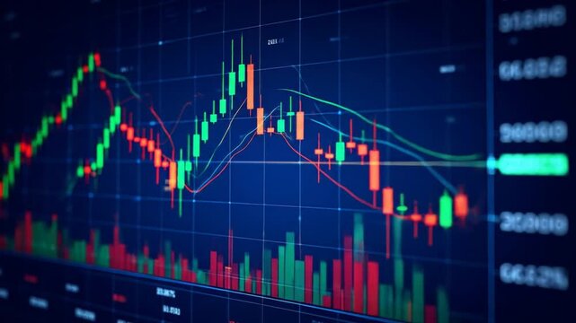 Screen showing stock market candlestick chart with green/red bars, volume bars, & trendlines on a blue grid