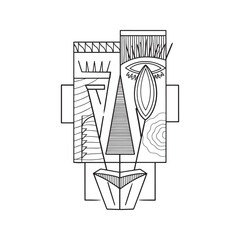 Abstract tribal mask line art illustration. Modern geometric face in a cubist style, black and white coloring page.
