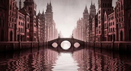 Medieval City Canal Reflection Illustration.