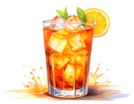 Elegant watercolor illustration of Long Island Iced Tea cocktail with garnish - Powered by Adobe