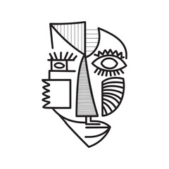 Abstract tribal mask line art illustration. Modern geometric face in a cubist style, black and white coloring page.
