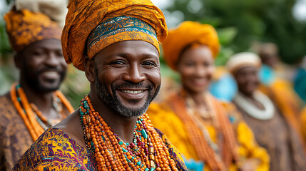 Group portrait of men and women in traditional cultural outfits with pride 