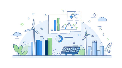 Vector illustration of business graphs and charts in a modern urban city with office buildings, skyscrapers, and industrial factories