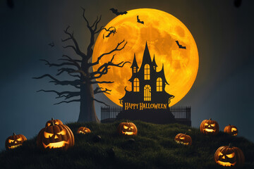 Fototapeta premium Festive Halloween Scene with Glowing Jack O Lanterns and a Haunted House Under a Bright Full Moon