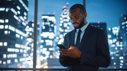 Executive Connecting in the City: Black businessman utilizes mobile in modern office setting - Powered by Adobe