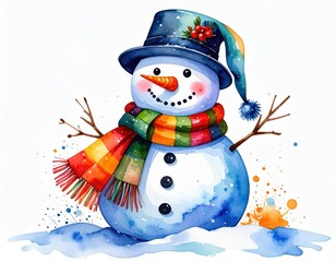 Watercolor snowman illustration with colorful scarf and cheerful expression, joyful winter vibes