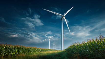 A wind turbine on a green field generates renewable electric power, with a blue sky and white propellers visible in the landscape