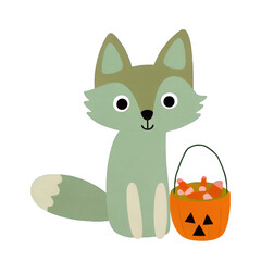 Obraz premium Fox, cute animal in Halloween theme. Whimsical fox character sitting beside a Halloween candy bucket.
