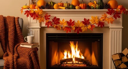 Autumn Fireplace Scene with Fall Decorations.