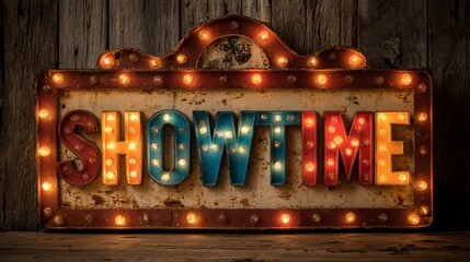 A vintage metal sign with lit bulbs spelling "SHOWTIME" against aged wooden background