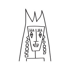 Hand-drawn abstract portrait of a woman's face in a naive, geometric cubist style. Simple black and white line art sketch on a white background