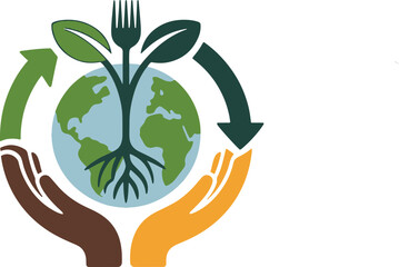 Hands protect earth with plant and recycling arrows symbol