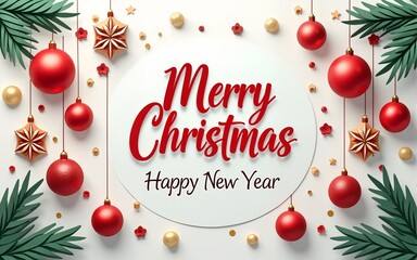 Christmas greeting text vector design. Merry christmas and happy new year greeting card with paper cut ornaments and elements decoration. Vector illustration holiday season template. High quality