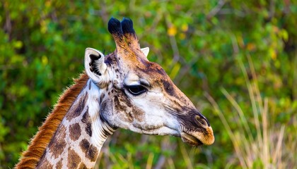 Obraz premium Close-up profile view of a giraffe's head and neck, showcasing its distinctive spotted pattern against a blurred background of lush greenery.