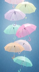 Pastel colored umbrellas hanging in the rain with blue sky background colorful