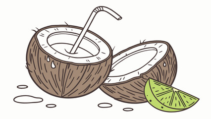 Fresh coconut drink with straw and lime slice vector illustration for summer and beach vibes design
