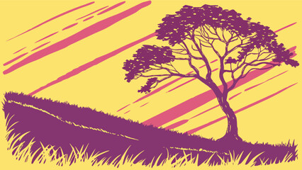 Illustration of a tree on a hill with a yellow sky and pink clouds landscape nature drawing art