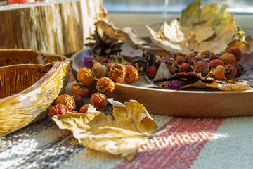 beautiful autumn decorations featuring dried vibrant leaves, textured rosehip berries, and pine cones arranged creatively on patterned tablecloth near sunlight. close up.