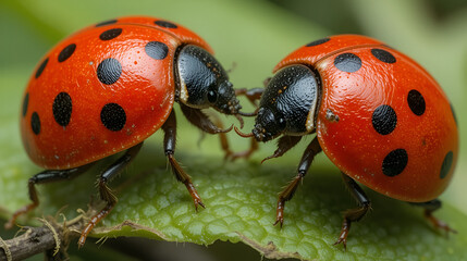 two Coccinellidae with black dots on their vibrant red elytra wings