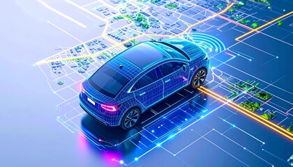A futuristic, digitally rendered electric vehicle navigates a detailed map of a city, showcasing connected car technology.