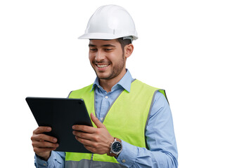 Smiling engineer with hardhat reviews digital blueprints on tablet against transparent void