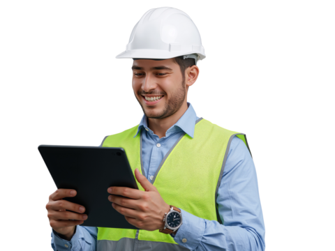 Smiling engineer with hardhat reviews digital blueprints on tablet against transparent void